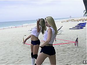 trio teenage beauties catch a gigantic impaler on the beach